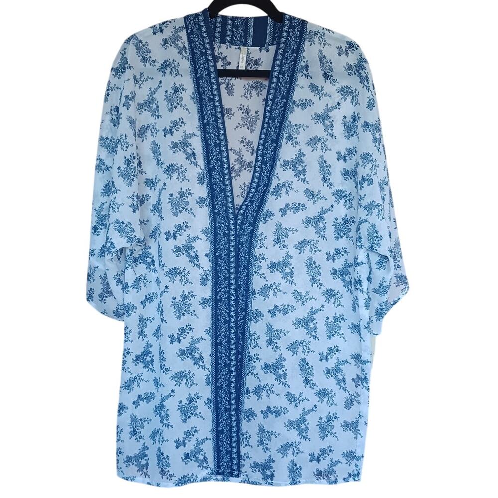 Japna Blue and White Floral Kimono Swim Cover Up Women's XS Sheer Topper Jacket